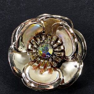 Vintage Gold Flower Clip-On Earrings with Aurora Borealis Rhinestone Centers